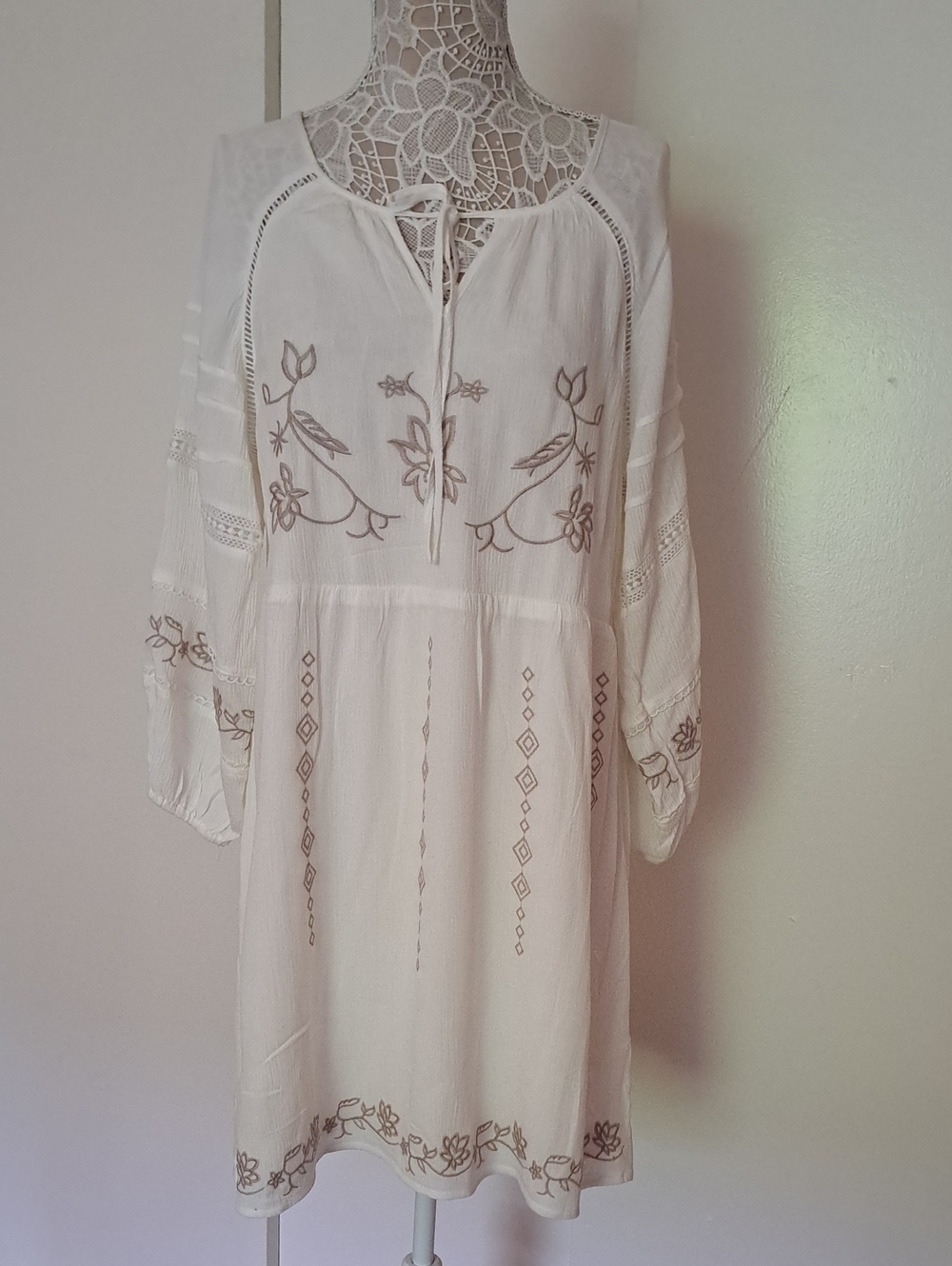 LIV Los Angeles Boho Embroidered Long-Sleeve Dress in White with Brown Accents